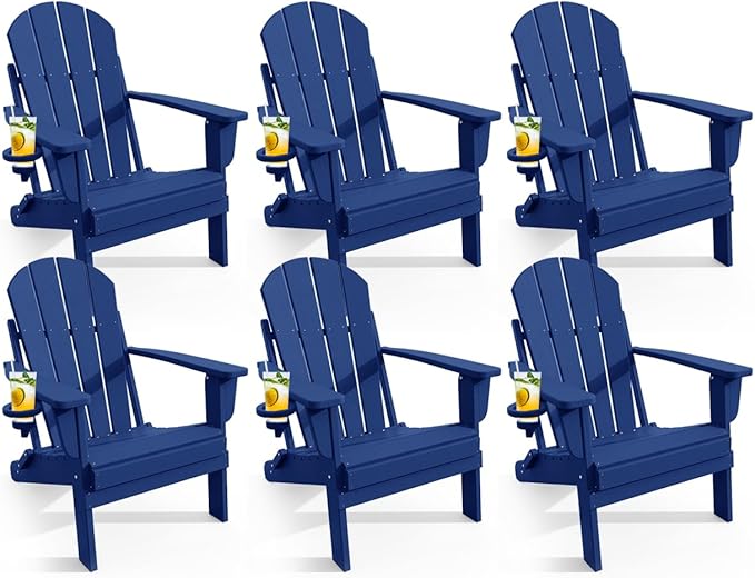 Adirondack Chair with Cup Holder Set of 6, Folding HDPE Patio Chairs, Outdoor Plastic Fire Pit Chair, Wood Texture, Lawn Chairs for Deck, Porch, Backyard, Garden, Navy Blue
