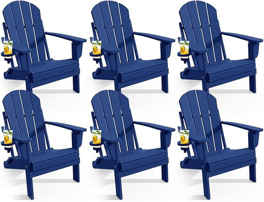 Adirondack Chair with Cup Holder Set of 6, Folding HDPE Patio Chairs, Outdoor Plastic Fire Pit Chair, Wood Texture, Lawn Chairs for Deck, Porch, Backyard, Garden, Navy Blue