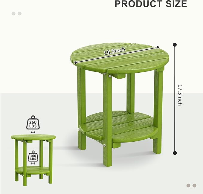 2 Tier Round Outdoor Side Table with Wood-Like Grain, HDPE Adirondack Table Patio Side Table, Weather Resistant End Table for Pool, Patio & Porch, Small Outdoor Table (Lime, Round)