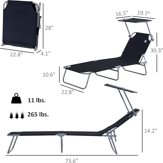 Outsunny Outdoor Lounge Chair, Adjustable Folding Chaise Lounge, Tanning Chair with Sun Shade for Beach, Camping, Hiking, Backyard, Black