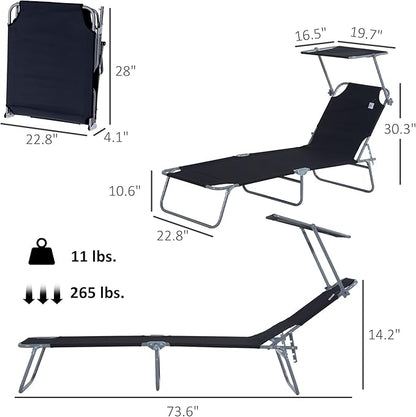 Outsunny Outdoor Lounge Chair, Adjustable Folding Chaise Lounge, Tanning Chair with Sun Shade for Beach, Camping, Hiking, Backyard, Black