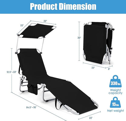 GYMAX Modern Black Outdoor Lounge Chair with Canopy, 5 Level Adjustable Layout Chaise Lounge for Outside, Folding Sunbath Chair for Outdoor, Patio, Poolside