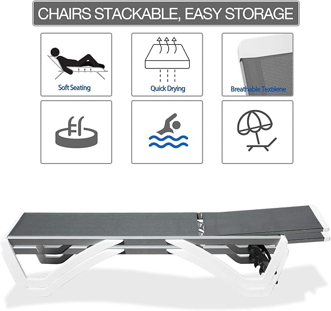 Domi Outdoor Chaise Lounges, Adjustable Aluminum Patio Lounges, Plastic Pool Lounge Chairs for Deck Lawn Backyard(2 Grey Lounges W/Table)
