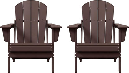 Costaelm Folding Patio Chairs Set of 2, Hdpe Adirondack Chairs Front Porch Furniture Outdoor Seating, All Weather Tanning Chair for Backyard Firepit Garden Lawn, Dark Brown