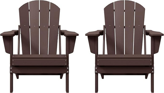 Costaelm Folding Patio Chairs Set of 2, Hdpe Adirondack Chairs Front Porch Furniture Outdoor Seating, All Weather Tanning Chair for Backyard Firepit Garden Lawn, Dark Brown