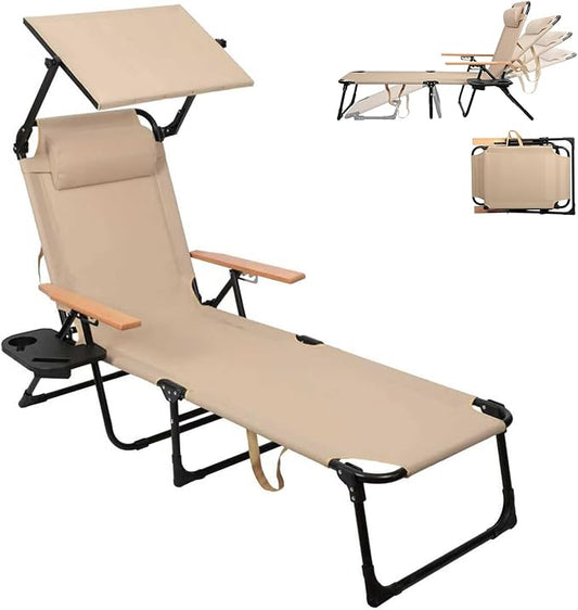 Folding Lounge Chairs for Outside, Beach Patio Lounge Chair with Canopy, Sunbathing/Tanning Chair with 4 Adjustable Backrest & Cup & Pillow,Holds 330 Lb, Outdoor Garden Pool