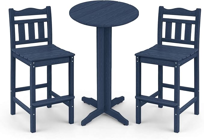 3-Piece Outdoor Bar Set, HDPE Adirondack Bar Height Chairs Set of 2 and Round Bar Table, All Weather Patio Bistro Set for Balcony, Poolside, Backyard (Navy Blue)