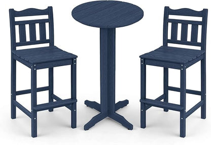 3-Piece Outdoor Bar Set, HDPE Adirondack Bar Height Chairs Set of 2 and Round Bar Table, All Weather Patio Bistro Set for Balcony, Poolside, Backyard (Navy Blue)