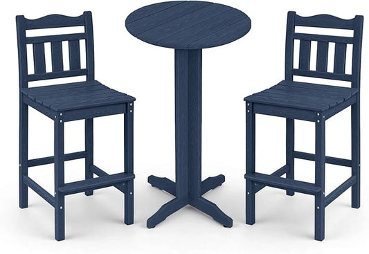 3-Piece Outdoor Bar Set, HDPE Adirondack Bar Height Chairs Set of 2 and Round Bar Table, All Weather Patio Bistro Set for Balcony, Poolside, Backyard (Navy Blue)