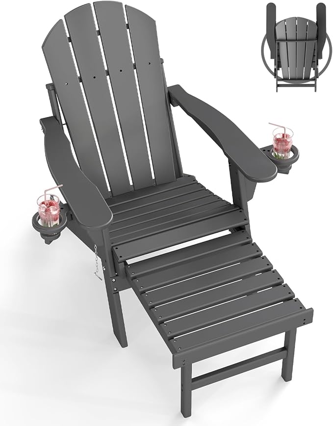 BRIOPAWS Adirondack-Chair-with-Pull-Out-Footrest | Folding | HDPE Plastic | Fire Pit Chairs | All Weather | Cup Holders | Curved Back | Retractable Ottoman | for Outdoor Deck Poolside | Grey