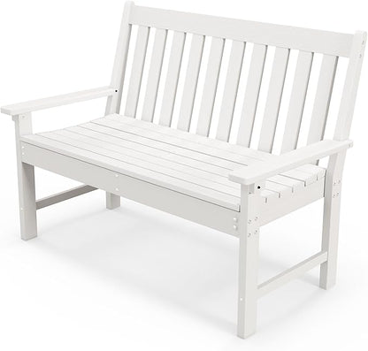 Tangkula HDPE Outdoor Garden Bench with Backrest, 2-Person All-Weather Patio Loveseat Chair with Slatted Seat, 705 lbs Weight Capacity, Patio Benches for Balcony, Garden, Porch, Backyard & Park, White