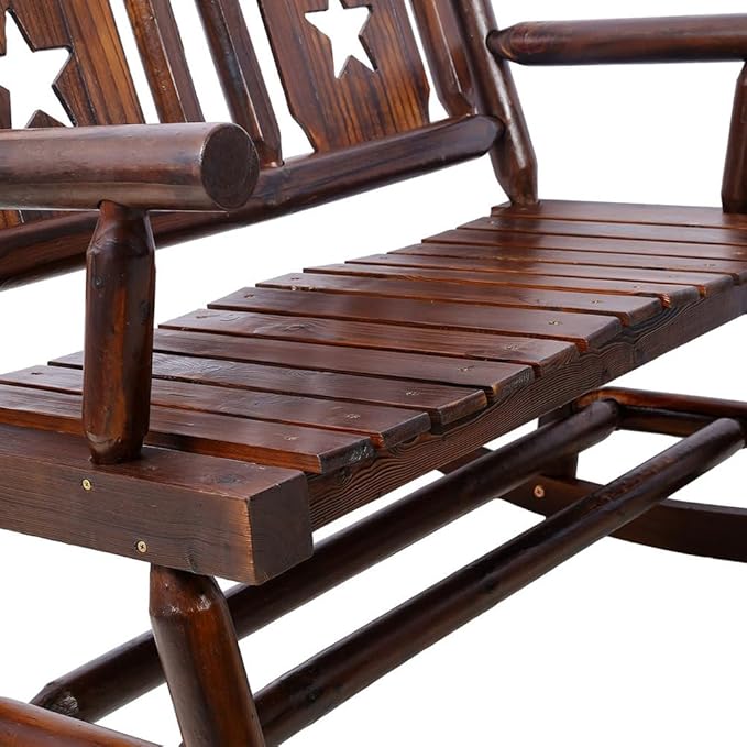 Outdoor Wooden Rocking Bench for 2, Heavy Duty Patio Rocker Loveseat 700 LBS Capacity, Solid Wood Double Rocking Chair for Porch, Garden, Balcony, Rustic Brown