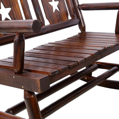Outdoor Wooden Rocking Bench for 2, Heavy Duty Patio Rocker Loveseat 700 LBS Capacity, Solid Wood Double Rocking Chair for Porch, Garden, Balcony, Rustic Brown