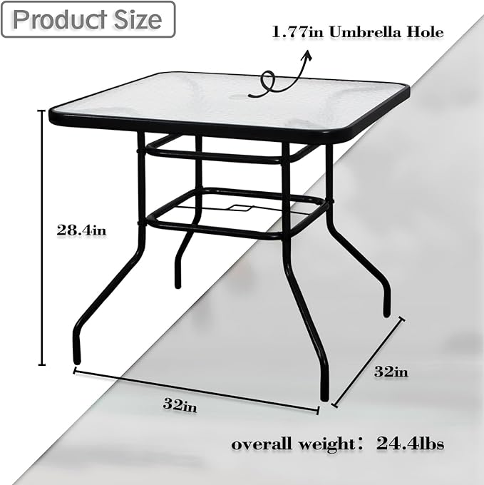 DIMAR GARDEN 32" Outdoor Coffee Table with Umbrella Hole, Patio Square Side Bistro Table with Glass Top, Black - Photo 2