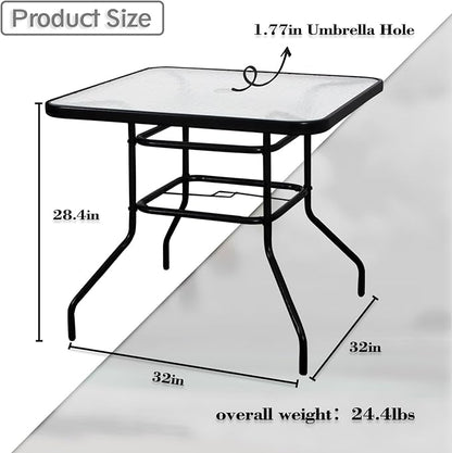 DIMAR GARDEN 32" Outdoor Coffee Table with Umbrella Hole, Patio Square Side Bistro Table with Glass Top, Black