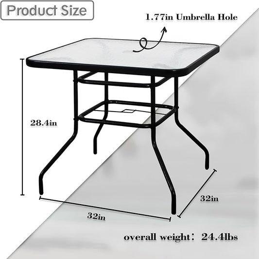 DIMAR GARDEN 32" Outdoor Coffee Table with Umbrella Hole, Patio Square Side Bistro Table with Glass Top, Black