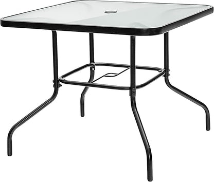 Tangkula 35" Glass Top Patio Dining Table for 4, Square Outdoor Table with Tempered Glass Tabletop, 1.65" Umbrella Hole & Metal Frame, 4-Person Outside Dining Table for Backyard, Lawn, Deck & Poolside