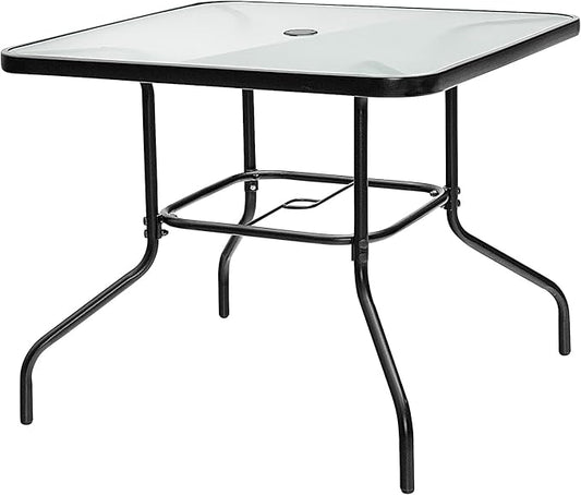 Tangkula 35" Glass Top Patio Dining Table for 4, Square Outdoor Table with Tempered Glass Tabletop, 1.65" Umbrella Hole & Metal Frame, 4-Person Outside Dining Table for Backyard, Lawn, Deck & Poolside