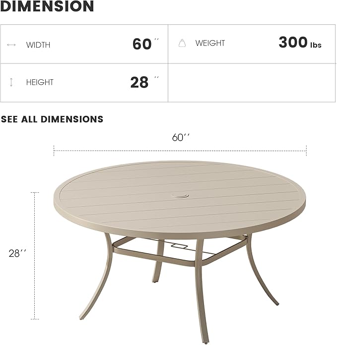Patio Dining Table for 8-10, Round Metal Outdoor Table with 1.57" Umbrella Hole, 60" Outdoor Slat Tabletop Dining Table for Backyard, Porch, Lawn, Sand
