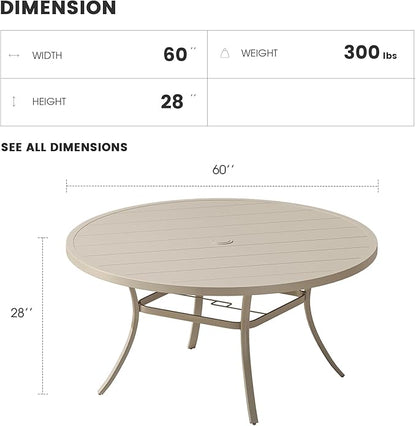 Patio Dining Table for 8-10, Round Metal Outdoor Table with 1.57" Umbrella Hole, 60" Outdoor Slat Tabletop Dining Table for Backyard, Porch, Lawn, Sand