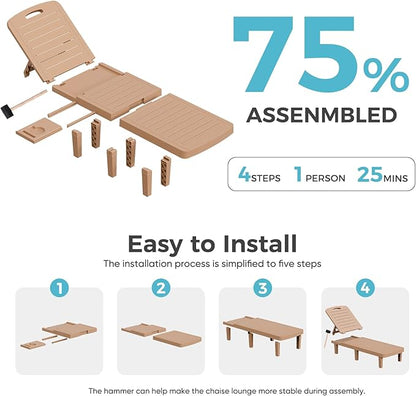 Outdoor Chaise Lounge Set of 6, 5-Position Adjustable Sun Lounge w/Pull-Out Tray, Waterproof PP Lounge Chairs for Outside, Lounge Chairs for Poolside, Patio, Beach, Yard in All Weather,Brown
