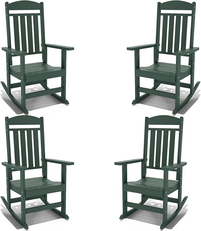 Outdoor Rocking Chairs Set of 4, Oversized High Back Patio Rocking Chairs, All Weather Porch Rocking Chairs for Outside. Dark Green