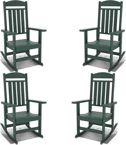 Outdoor Rocking Chairs Set of 4, Oversized High Back Patio Rocking Chairs, All Weather Porch Rocking Chairs for Outside. Dark Green