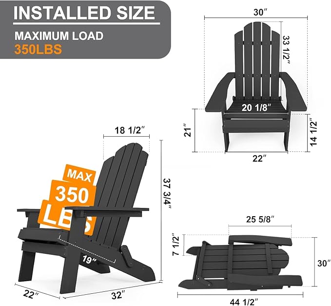 MXIMU Folding Adirondack Chair Set of 4 Weather Resistant Fire Pit Chairs Easy Assemble HIPS Plastic Outdoor Modern Adirondack Chairs for Patio, Lawn, Garden, Backyard, Deck(Black)