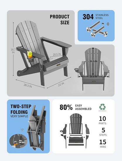 Plastic HDPE Adirondack Chair,Set of 4,Folding Adirondack Chair Weather Resistant with Cup Holder, Wooden Textured Fire Pit Outdoor Chair for Garden, Porch, Lawn, Backyard, Supports 380LBS, Grey