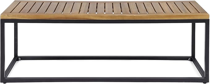 Merax 57 Inch Outdoor Garden Bench, Iron Metal Frame Patio Park Bench with Teak Finish & Slat Seat, Outside Backless Wooden Bench for Front Porch Path Yard Lawn Backyard for 3 Person Seat