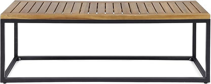Merax 57 Inch Outdoor Garden Bench, Iron Metal Frame Patio Park Bench with Teak Finish & Slat Seat, Outside Backless Wooden Bench for Front Porch Path Yard Lawn Backyard for 3 Person Seat