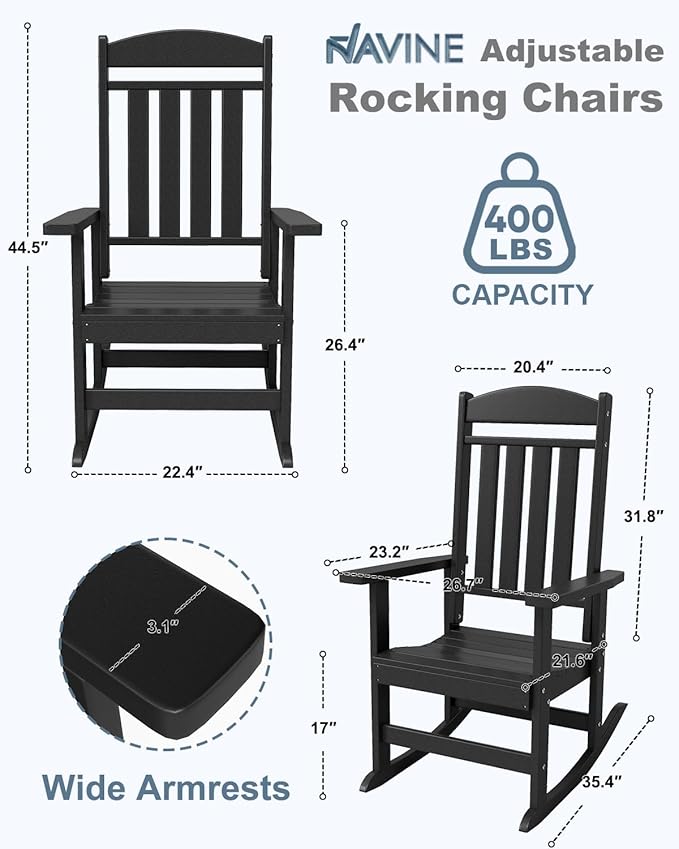 3-Piece Outdoor Rocking Chair Set, Oversized Porch Rocking Chair Set of 2 with Side Table, HDPE High Back Patio Rocking Chair, Suitable for Patio, Porch, Backyard, Black