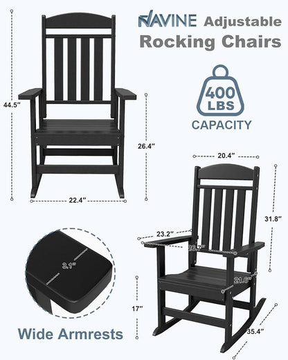 3-Piece Outdoor Rocking Chair Set, Oversized Porch Rocking Chair Set of 2 with Side Table, HDPE High Back Patio Rocking Chair, Suitable for Patio, Porch, Backyard, Black