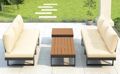 Outdoor Sectional Sofa Set with Adjustable Reclining Seats, L-Shaped or Straight Configurable Patio Conversation Set, Weather-Resistant WPC Tables & Water-Resistant Cushions for Backyard