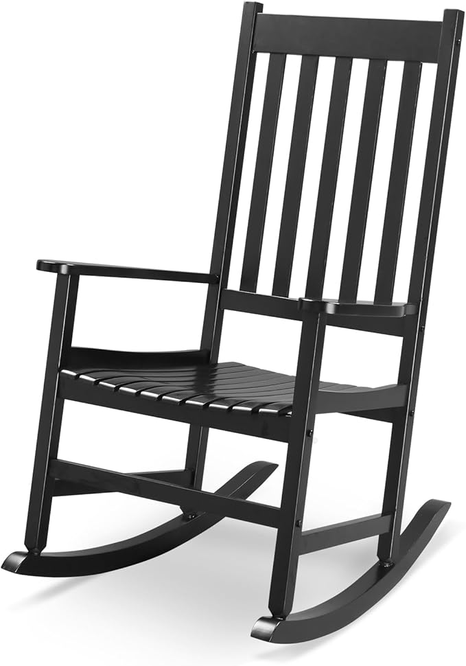 Outdoor Porch Rocker Chairs,Weather Resistant Wood Rocking Chair for Adults,Modern Rocking Accent Chairs,Indoor Outside Furniture Rocker,with Armrest,for Garden Lawn Backyard Poolside Deck (Black)