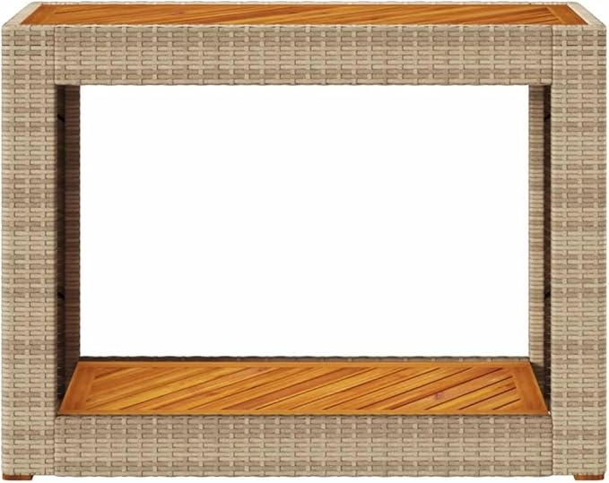 vidaXL Patio Side Table - Wooden Top, Poly Rattan, Beige/Brown, 39.4"x15.7"x29.5" for Garden, Backyard, Patio