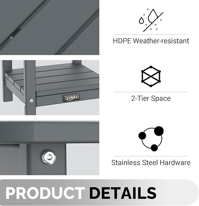 VINGLI Outdoor Side Table, 2-Tier HDPE Adirondack Side Table with Storage, Weather-Resistant Patio End Table for Backyard, Pool, Deck, Indoor Use (Grey)