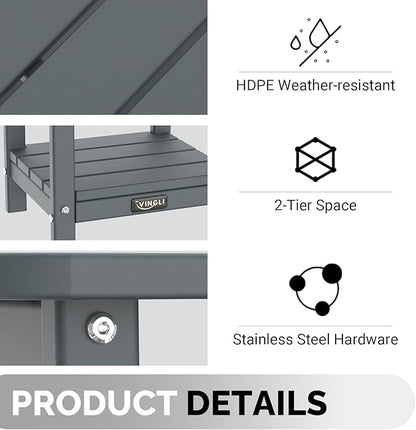 VINGLI Outdoor Side Table, 2-Tier HDPE Adirondack Side Table with Storage, Weather-Resistant Patio End Table for Backyard, Pool, Deck, Indoor Use (Grey)
