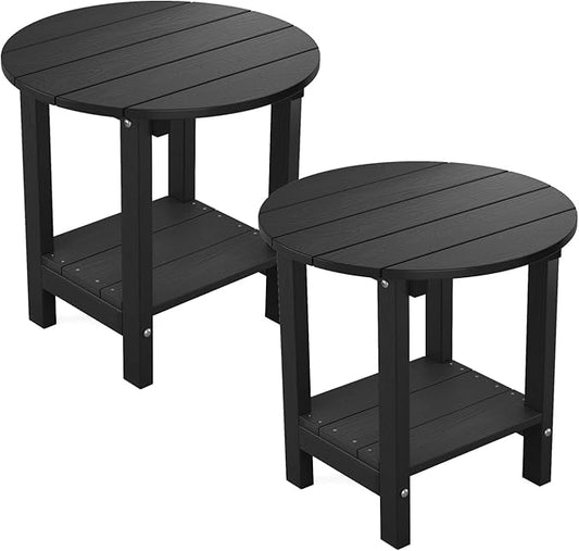 MXIMU Round Outdoor Side Table Adirondack Tables 18 Inch Chairside End Tables with Storage Shelf, 2-Tier Plastic Patio Side Table, Weather Resistant for Balcony Backyard Lawn (Black, 2 Pack)