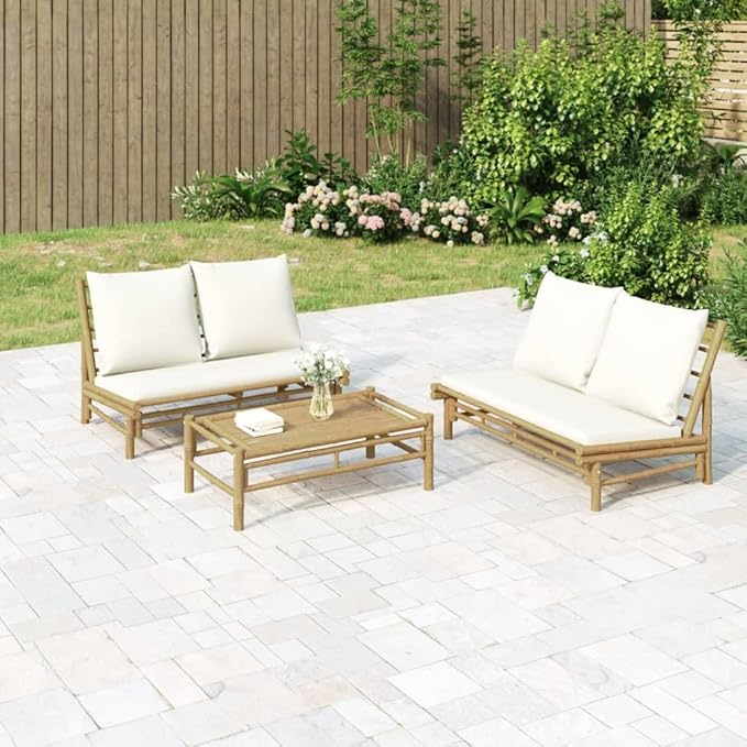 vidaXL - Set of 2 Durable Bamboo Patio Chairs with Cream White Cushions, Comfortable Outdoor Furniture, Natural Finish - Photo 2