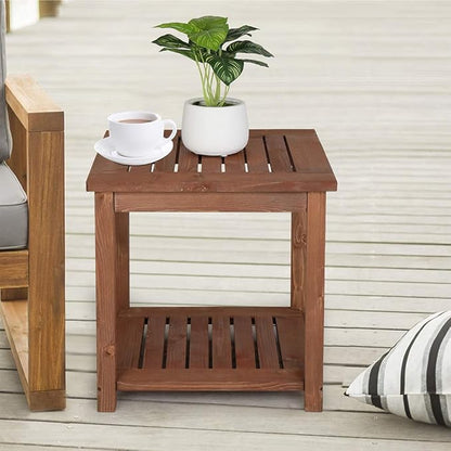 Outdoor Wooden Side Table with 2 Layer Storage, Patio Coffee End Tables, All Weather for Patio, Backyard, Pool, Indoor Use