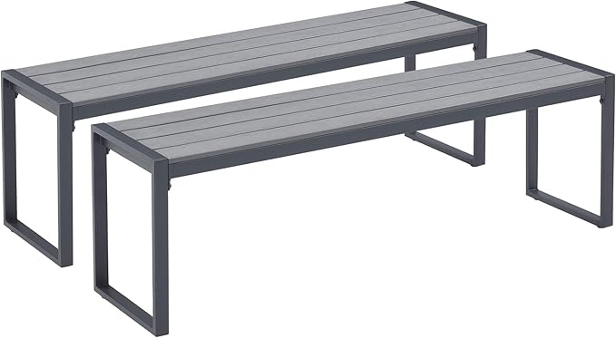 53" Outdoor Bench, 2 Pieces Patio Backless Garden Bench with Metal Frame & Faux Wood Seat for Porch, Entryway, Lawn, Backyard, Grey