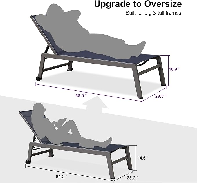 PURPLE LEAF 6-Piece Outdoor Chaise Lounge Oversized Pool Lounge Chairs with Easy-to-Move Wheels and Adjustable Backrest - Photo 3