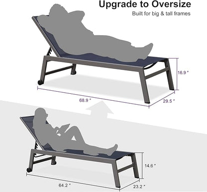 PURPLE LEAF 6-Piece Outdoor Chaise Lounge Oversized Pool Lounge Chairs with Easy-to-Move Wheels and Adjustable Backrest Extra Large Patio Loungers for Poolside Deck Beach Table Included, Navy Blue
