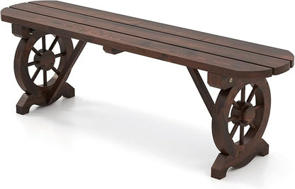 Giantex 2-Person Wooden Outdoor Bench with Wagon Wheel Legs, Slatted Seat, Rustic Country Design, 710 Lbs Weight Capacity, Patio Bench for Porch, Lawn, Backyard, Park, Garden, Brown (47”)