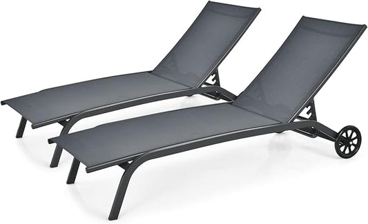 Tangkula Outdoor Chaise Lounge Chair, Patio Lounge Recliner with 6-Position Adjustable Backrest, Breathable Fabric and Smooth Wheels, Outdoor Lounge Chair (2, Grey)