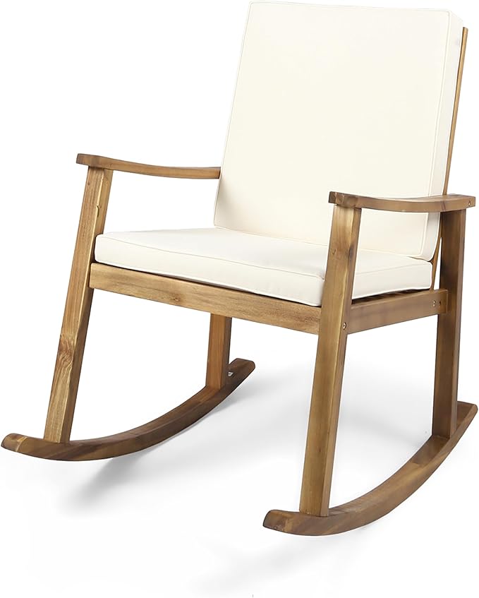 Outdoor Rocking Chair with Armrests and Cushions, Acacia Wood Structure, for Garden, Patio or Balcony, Teak - Photo 7