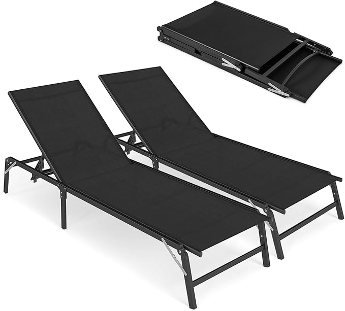 Tangkula Lounge Chair Outdoor Set of 2, Foldable Patio Chaise Lounge Chairs with 5-Position Adjustable Backrests - Photo 1