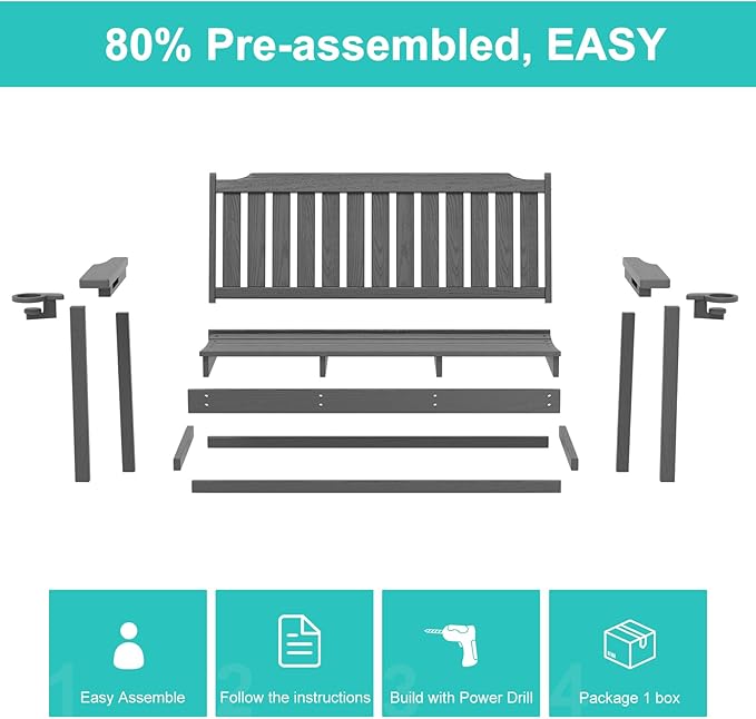 Outdoor Bench with Cup Holder All-Weather HDPE Fade Resistant Garden Bench 660 lbs Bearing 2-Seat Front Porch Furniture for Patio, Backyard,Park (Grey)
