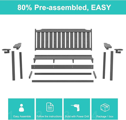 Outdoor Bench with Cup Holder All-Weather HDPE Fade Resistant Garden Bench 660 lbs Bearing 2-Seat Front Porch Furniture for Patio, Backyard,Park (Grey)